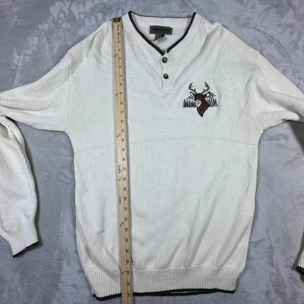 Cedar Falls Henley Sweater Mens Size Medium Ivory Knit Embroidered Deer Wildlife